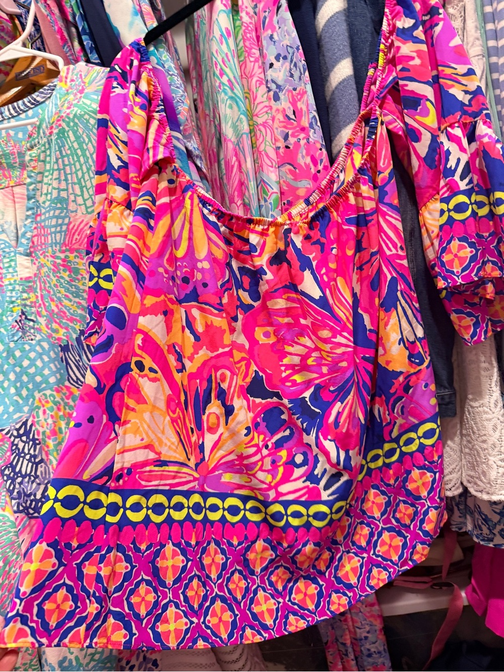 Lilly Pulitzer Hot Pink Multicolor Off-Shoulder Tunic